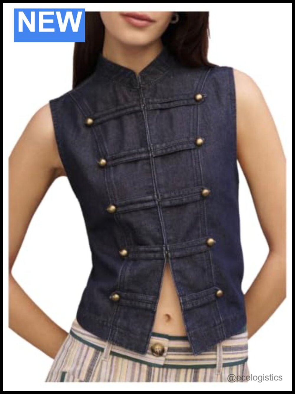 Women's Sleeveless Denim Vest Cropped Military Style Mock Neck